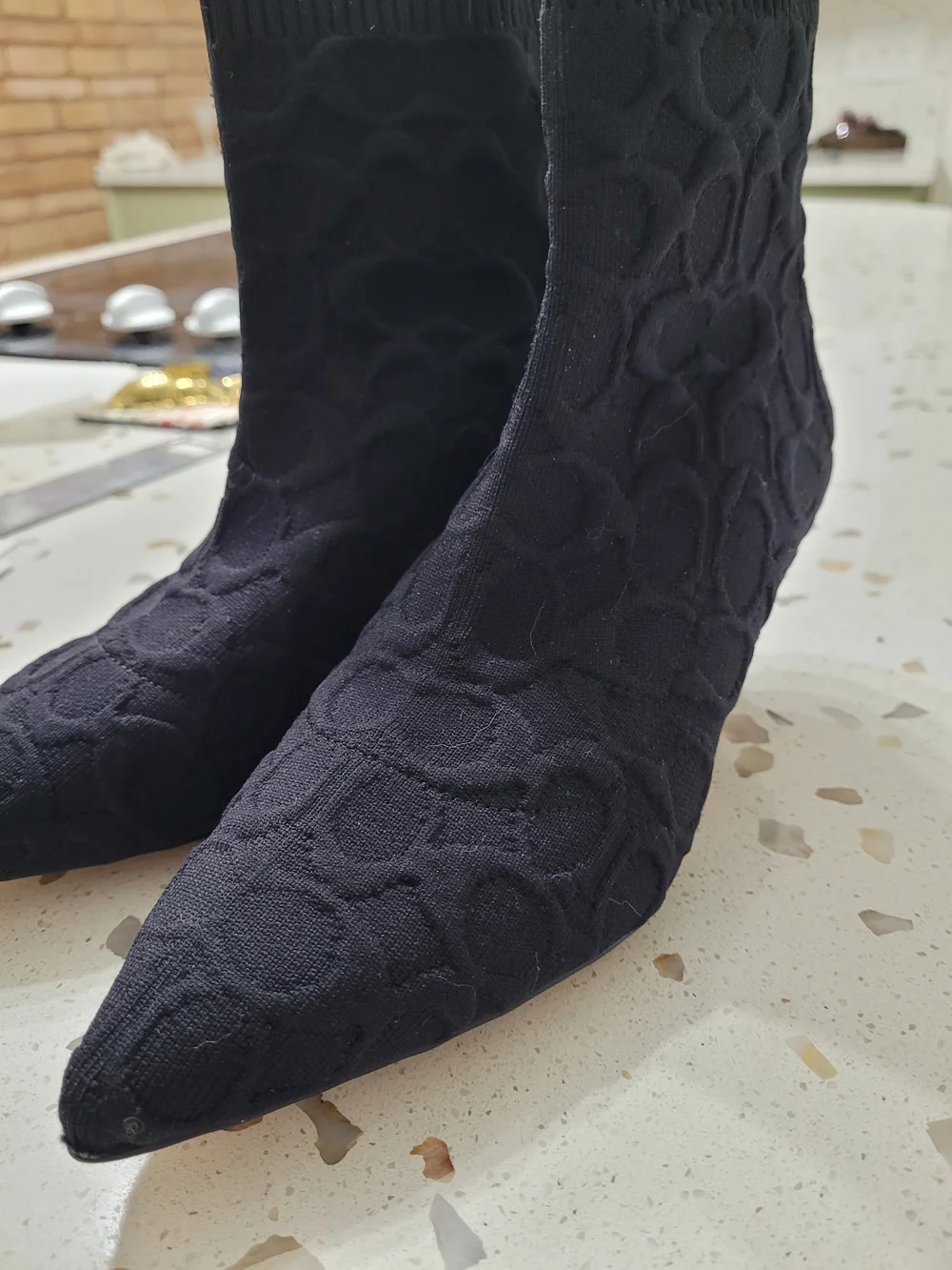 Coach Jade Knit Sock Pull On Pointed Toe Ankle Booties Black Monogram - Picture 2 of 6